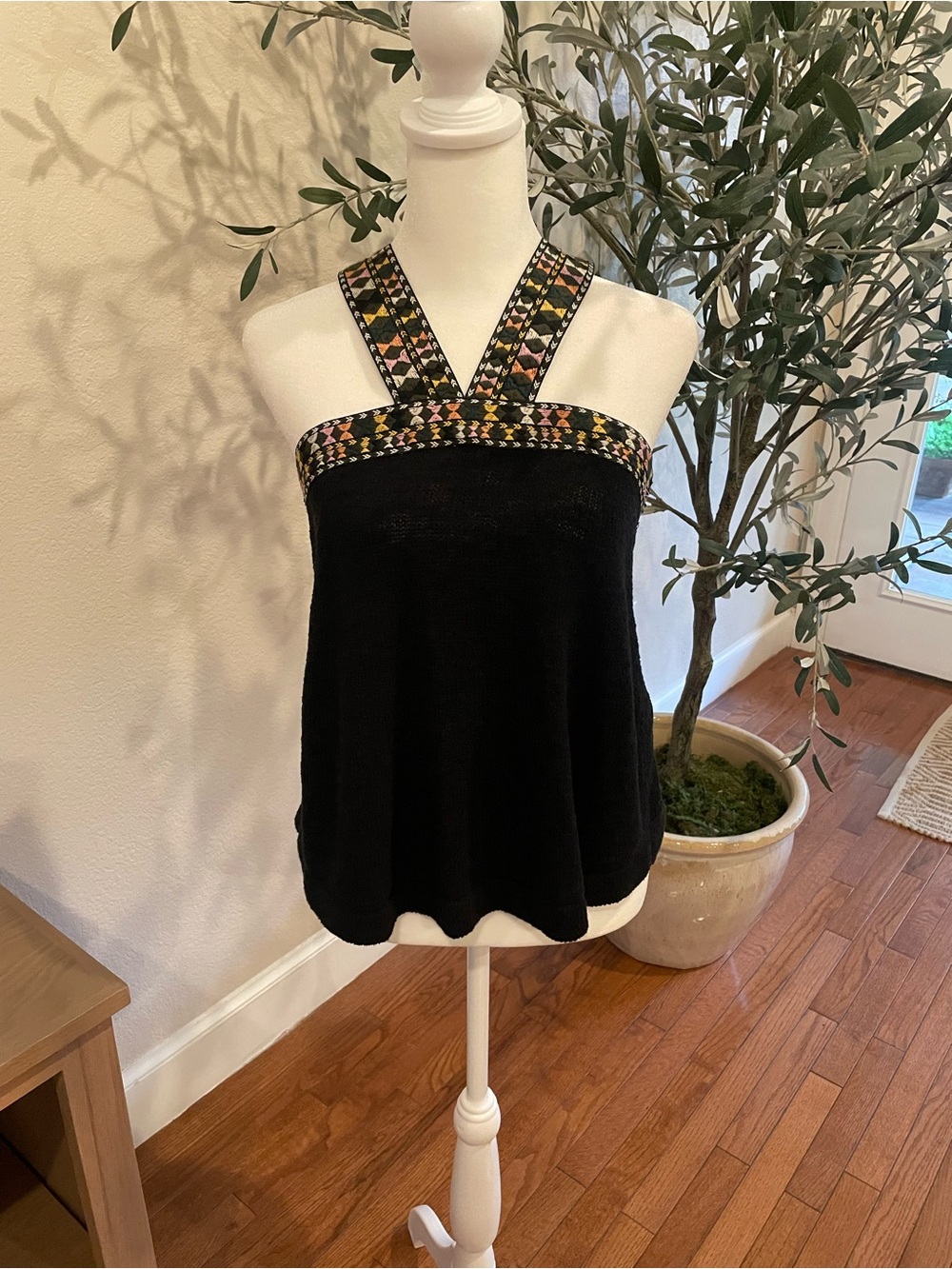 Madewell Black Halter Camisole with Multicolor Embroidered Straps
